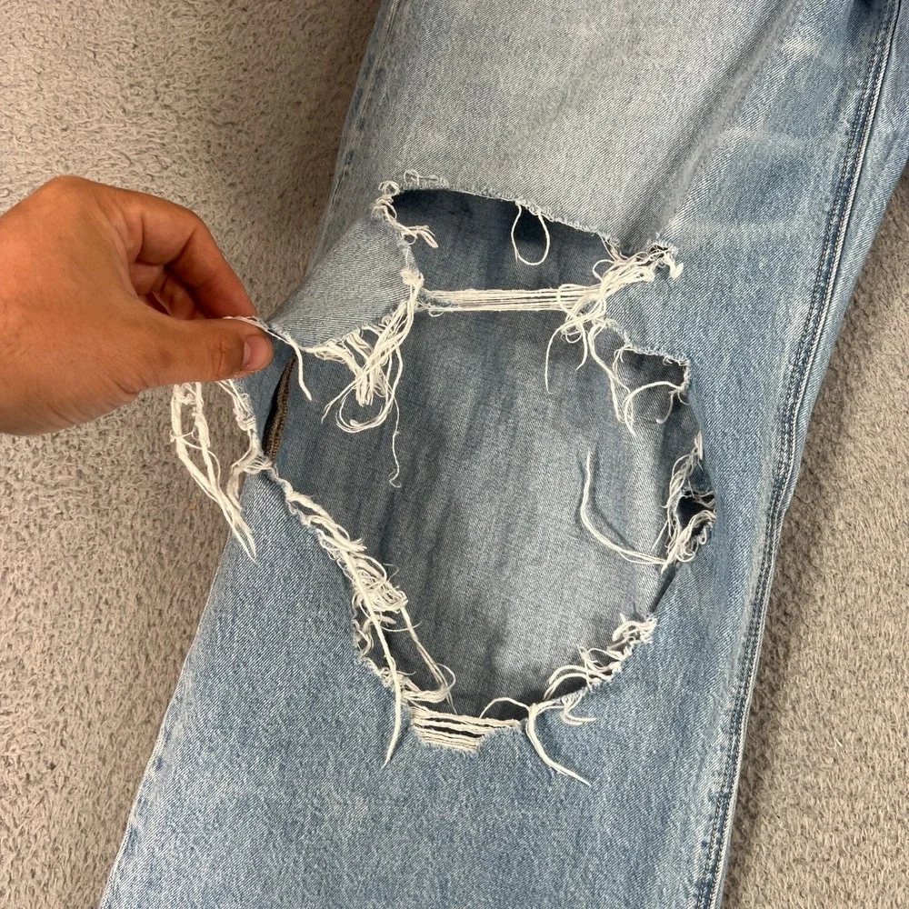American Eagle Super High Rise Baggy Wide Leg Jeans Womens 8 Blue Distressed - Picture 4 of 16